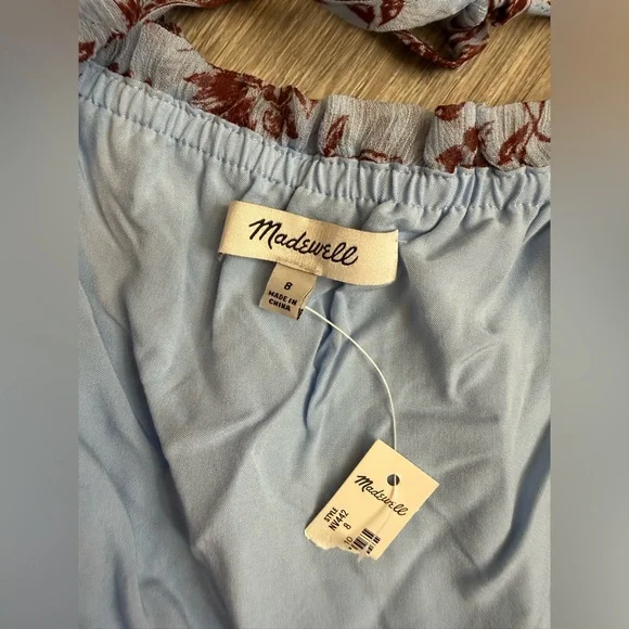 Madewell Blue Brown Floral Puff Sleeve Cute Flowy Swing Mini Dress Size 8 - Picture 4 of 12